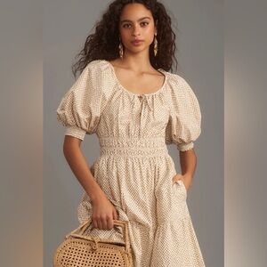 Cream Polka anthropologie the somerset maxi dress puff sleeve edition Sz Small